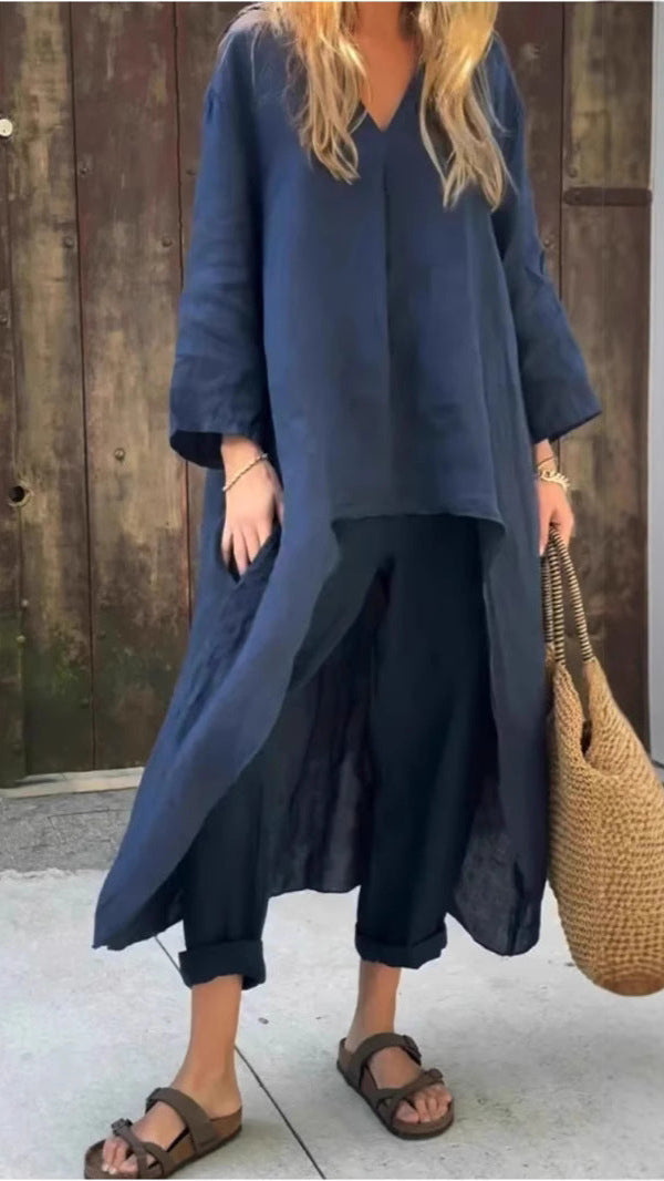 Ensemble Léonie - 2 Pièces Asymétrique Col V avec Poches