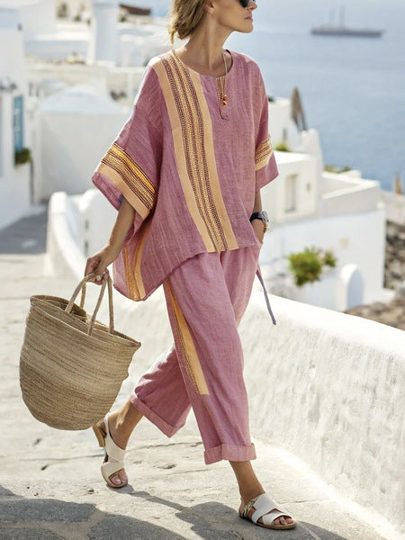 Ensemble Été Catherine – T-Shirt Batwing à Rayures & Pantalon Droit