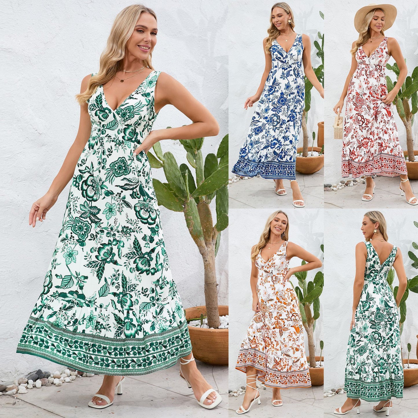 Robe d'été longue à col en V et imprimé floral