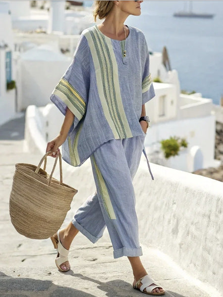 Ensemble Été Catherine – T-Shirt Batwing à Rayures & Pantalon Droit
