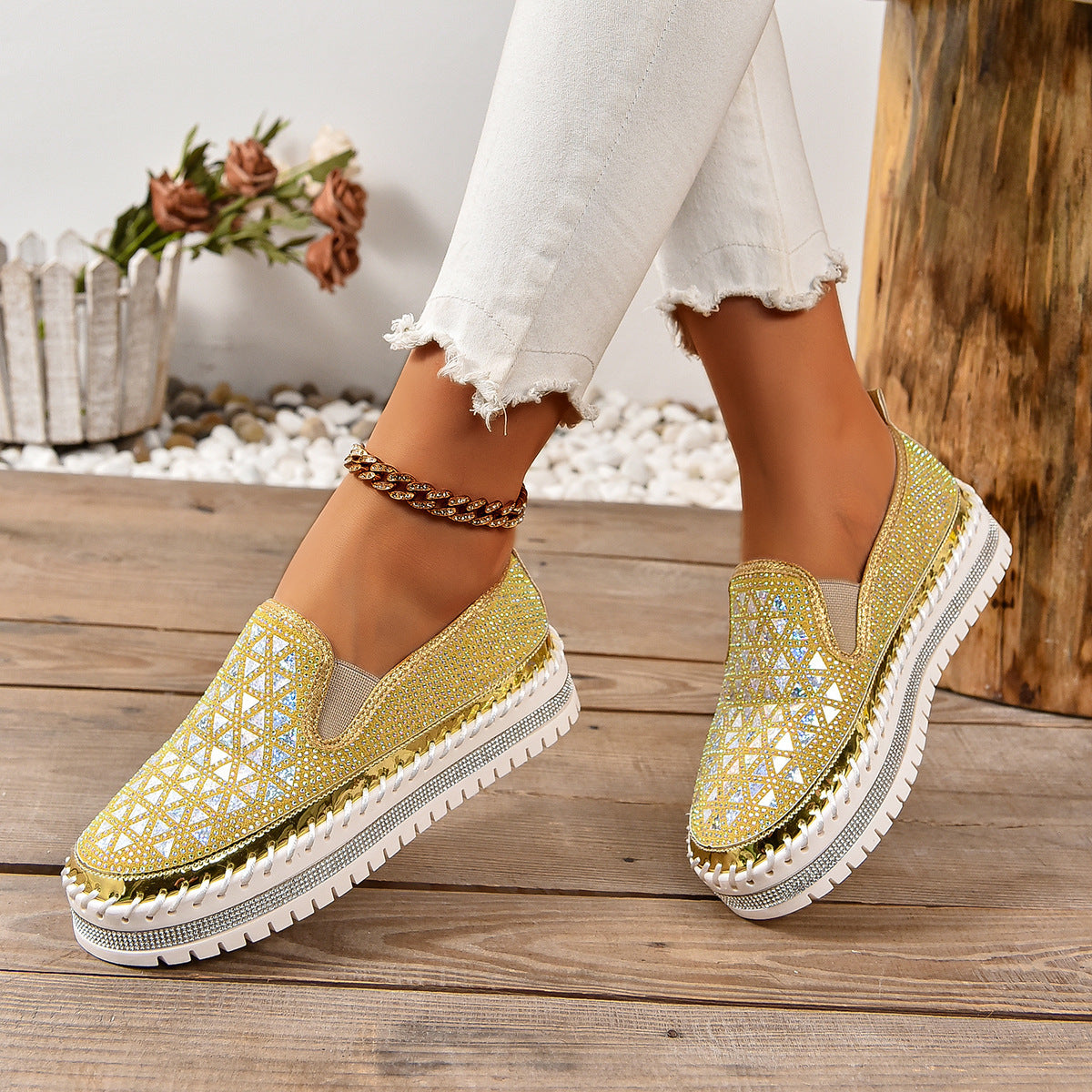 Chaussures Plates Daim Motif Floral Strass et Paillettes