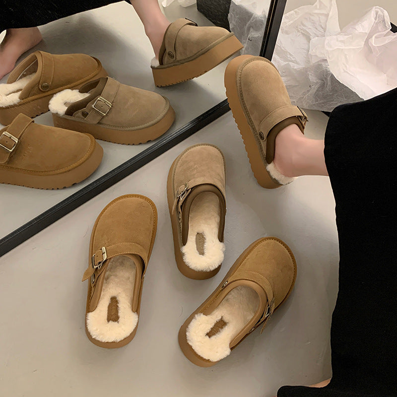 Chaussons mi-bas en fourrure à semelle épaisse et bride ajustable