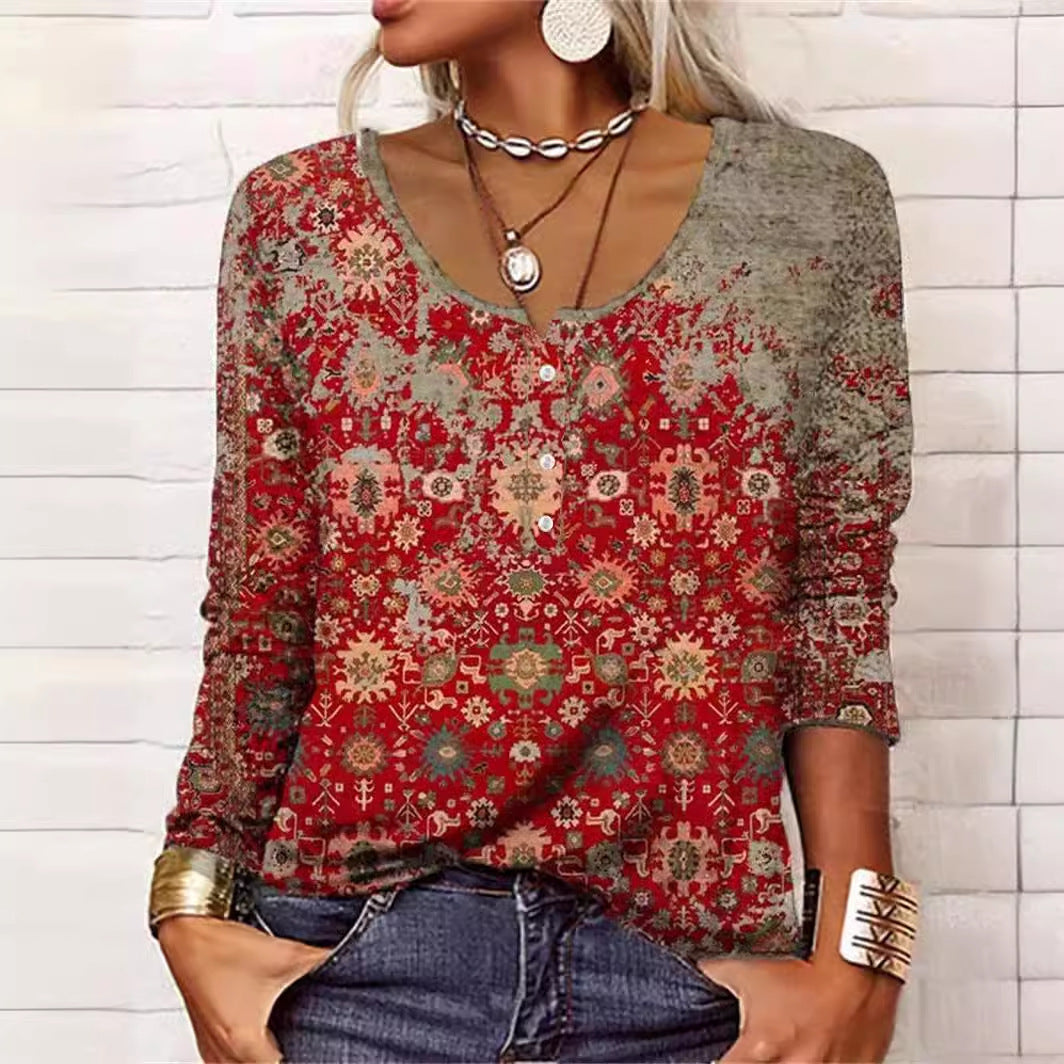 T-shirt géométrique , col U boutonné