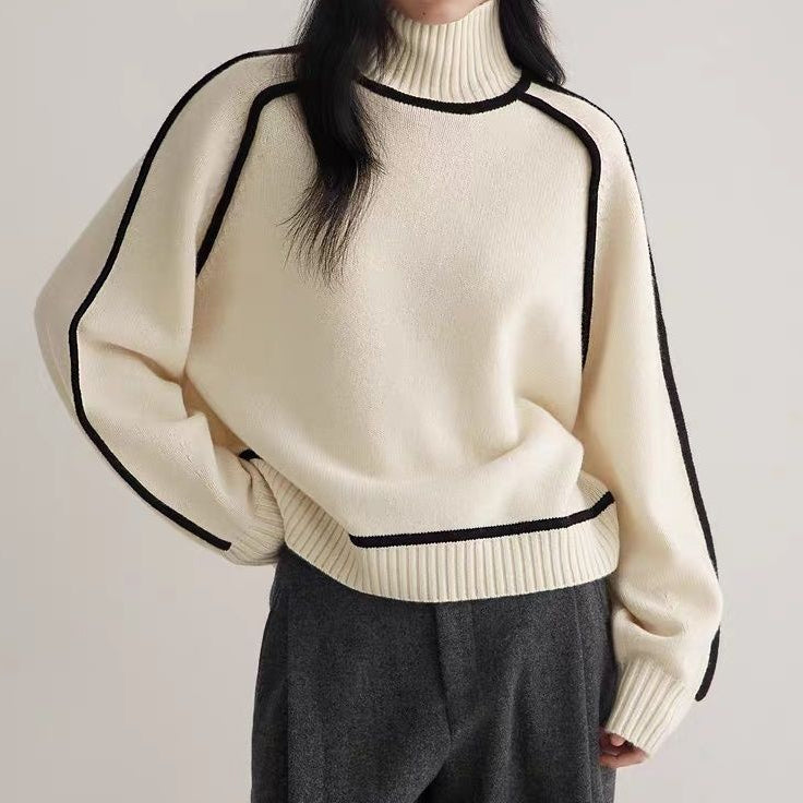 Pull Tricoté Mi-Col Roulé en Trois Dimensions