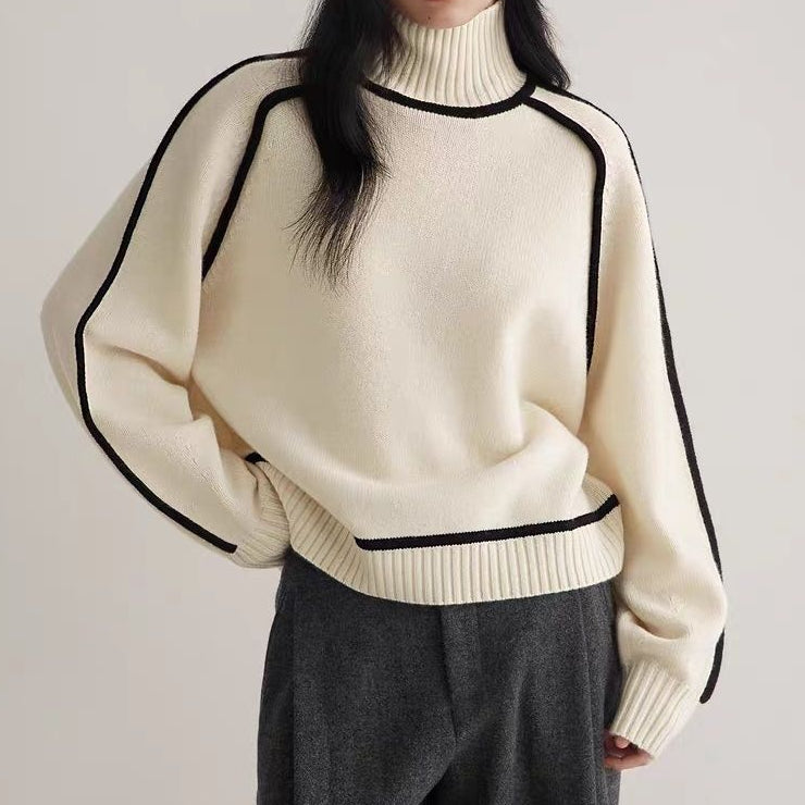 Pull Tricoté Mi-Col Roulé en Trois Dimensions