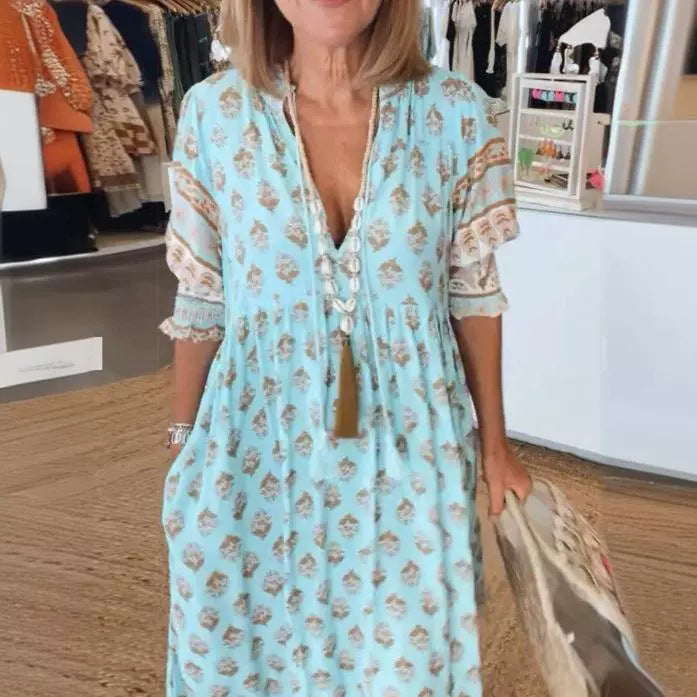 Robe Bohème Imprimée à Manches Lanterne – Col en V