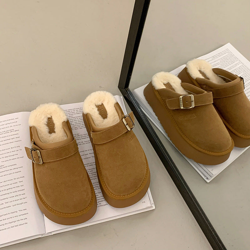 Chaussons mi-bas en fourrure à semelle épaisse et bride ajustable