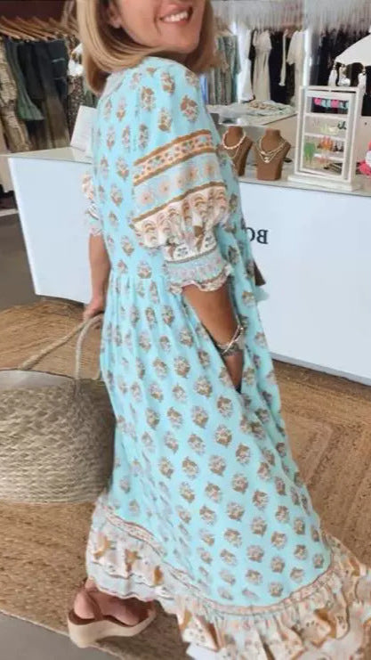 Robe Bohème Imprimée à Manches Lanterne – Col en V