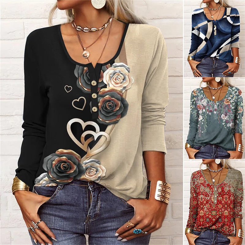 T-shirt géométrique , col U boutonné