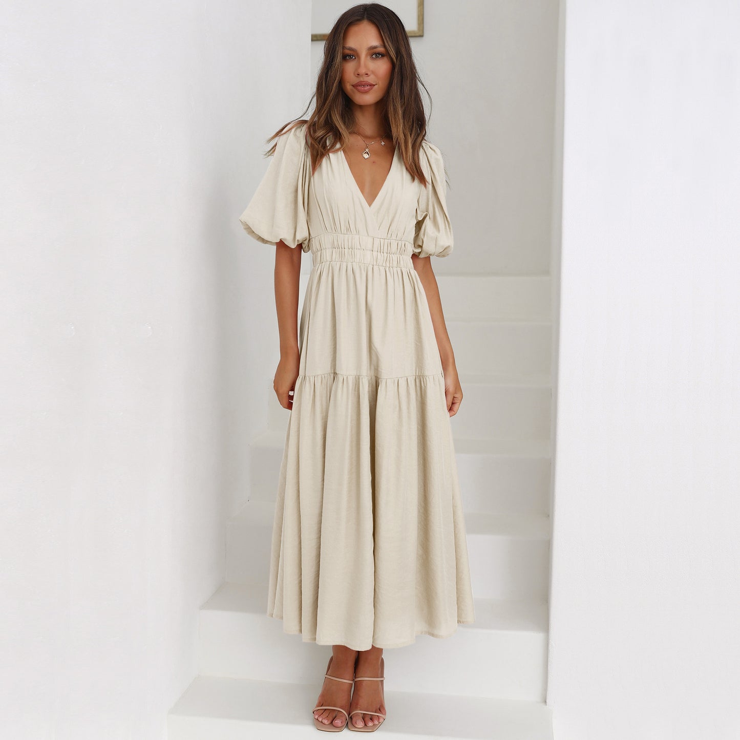 Robe longue bohème à manches bouffantes