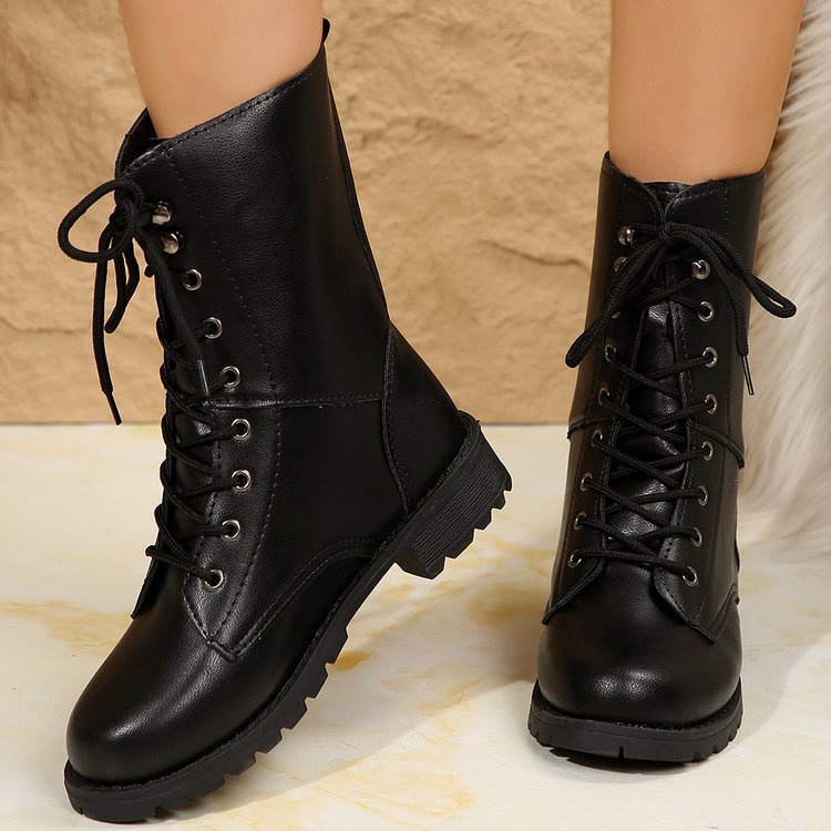 Bottes Martin à Lacets à Semelle Plate Grande Taille
