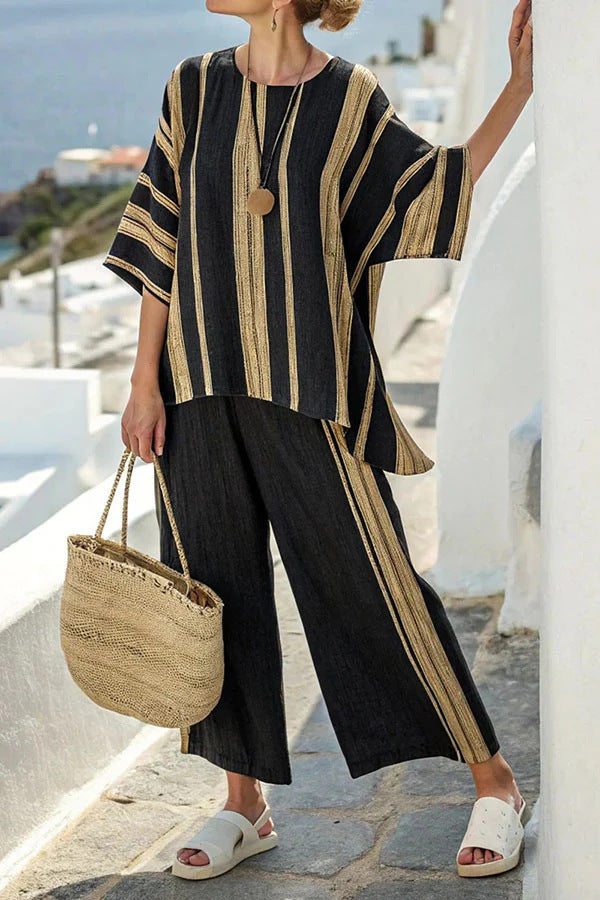Ensemble Été Catherine – T-Shirt Batwing à Rayures & Pantalon Droit