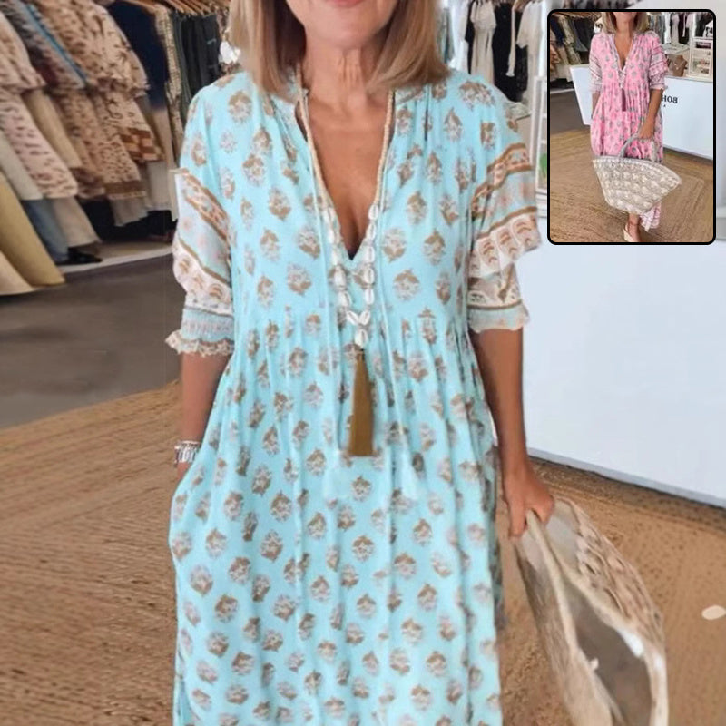 Robe Bohème Imprimée à Manches Lanterne – Col en V