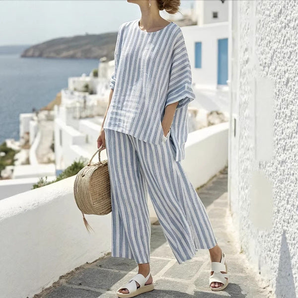 Ensemble Été Catherine – T-Shirt Batwing à Rayures & Pantalon Droit