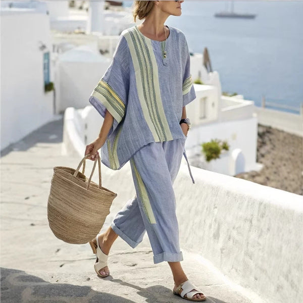 Ensemble Été Catherine – T-Shirt Batwing à Rayures & Pantalon Droit
