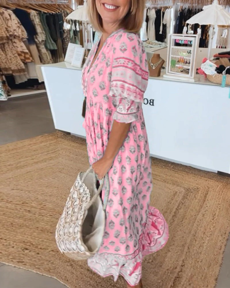 Robe Bohème Imprimée à Manches Lanterne – Col en V