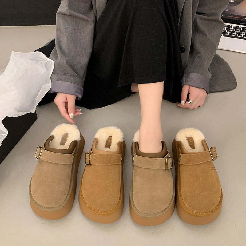 Chaussons mi-bas en fourrure à semelle épaisse et bride ajustable
