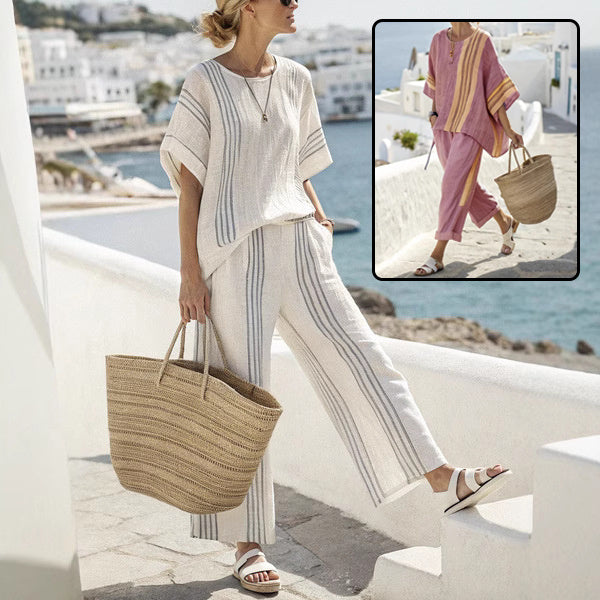 Ensemble Été Catherine – T-Shirt Batwing à Rayures & Pantalon Droit