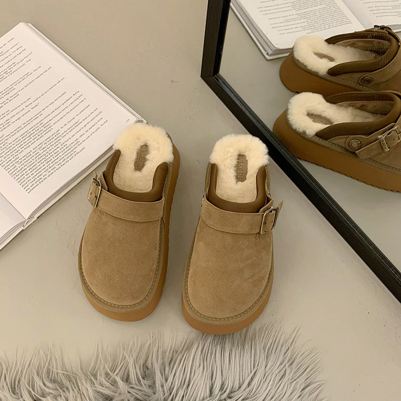 Chaussons mi-bas en fourrure à semelle épaisse et bride ajustable