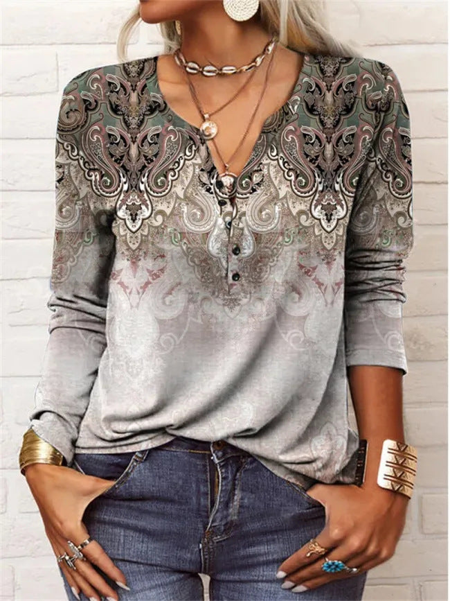 T-shirt géométrique , col U boutonné
