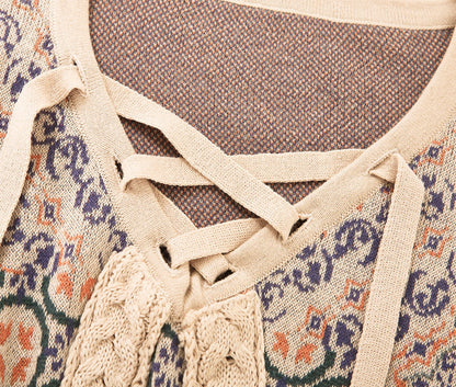 Pull Bohème à Épaules Tombantes - Jacquard Torsadé avec Pompons