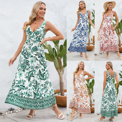 Robe d'été longue à col en V et imprimé floral