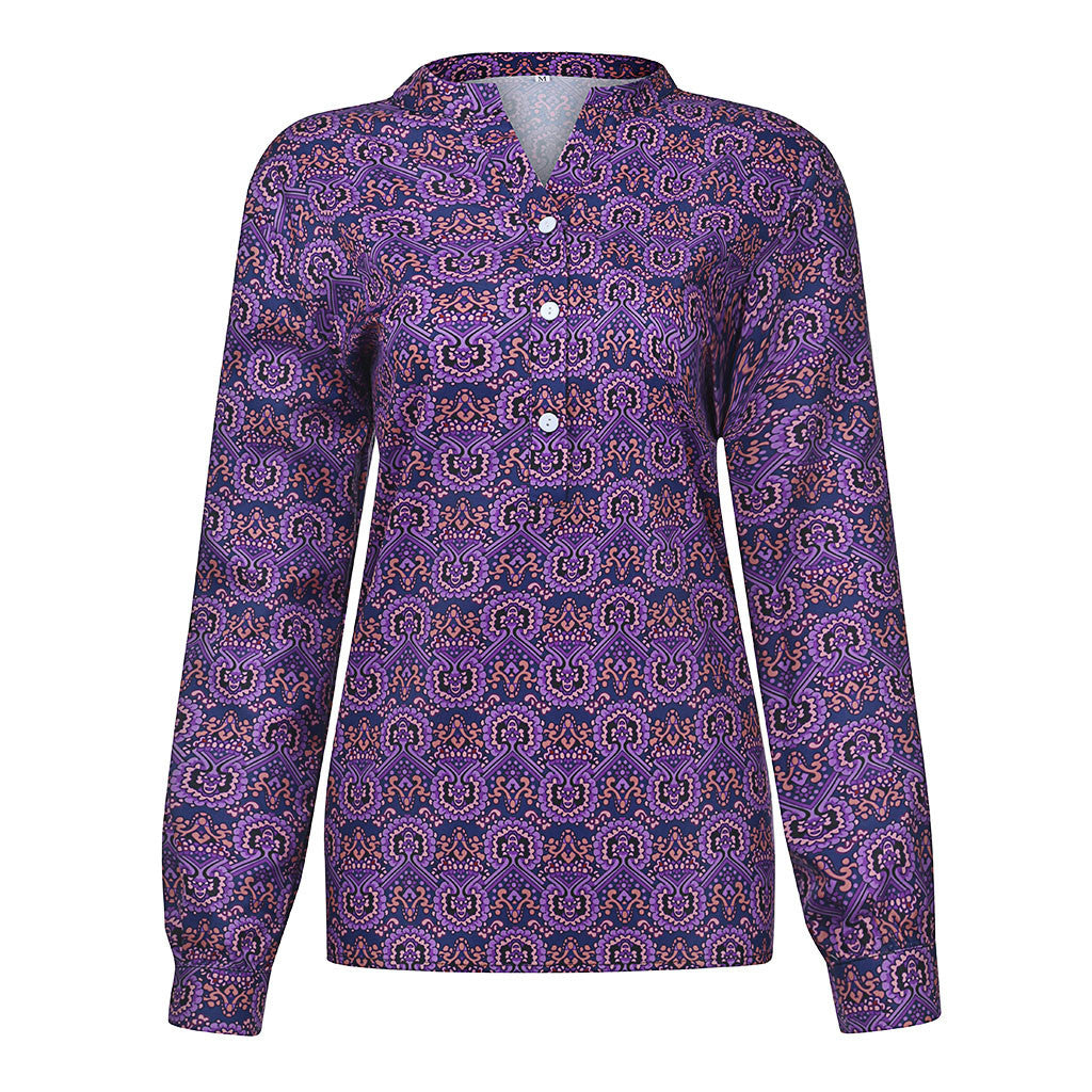 Blouse Ample à Col Montant à Imprimé Rétro Feroval