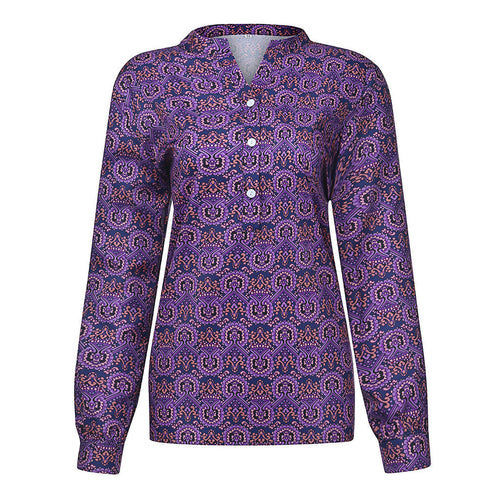 Blouse Ample à Col Montant à Imprimé Rétro Feroval