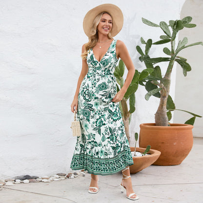 Robe d'été longue à col en V et imprimé floral