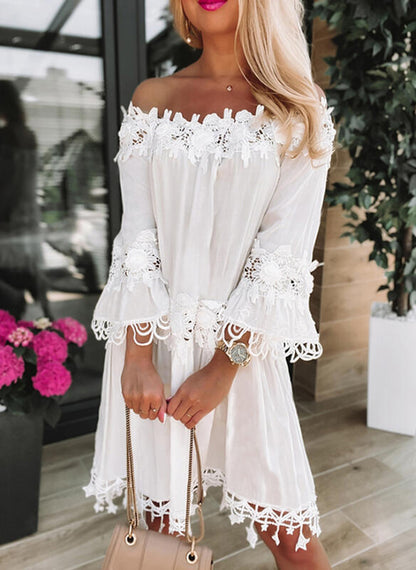 Lace Fluted Sleeve Cold Shoulder Dress