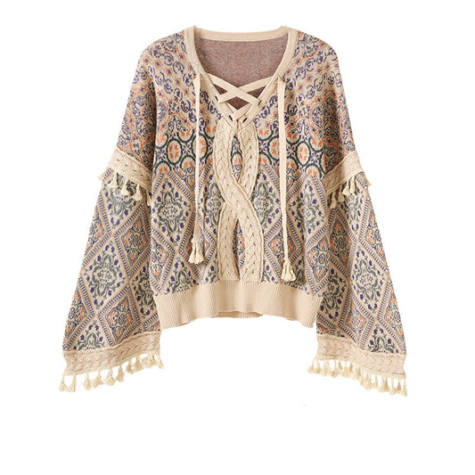 Pull Bohème à Épaules Tombantes - Jacquard Torsadé avec Pompons