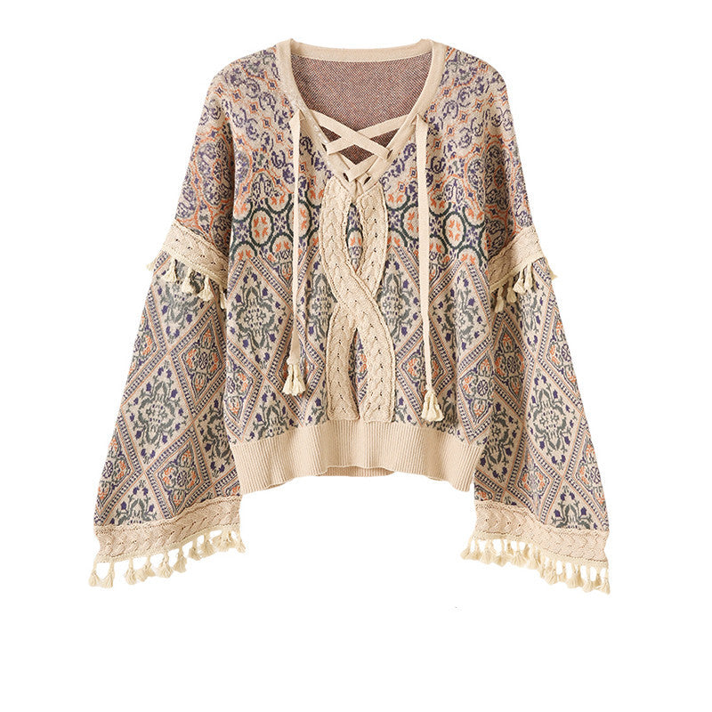 Pull Bohème à Épaules Tombantes - Jacquard Torsadé avec Pompons