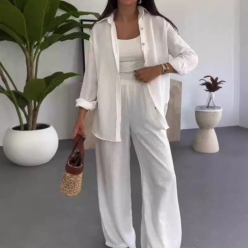 Ensemble Trois Pièces Chemise Longue, Top & Pantalon Large — Style Bohème Chic
