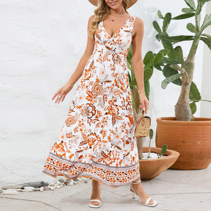 Robe d'été longue à col en V et imprimé floral