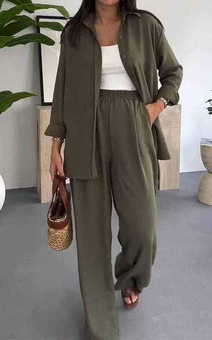 Ensemble Trois Pièces Chemise Longue, Top & Pantalon Large — Style Bohème Chic
