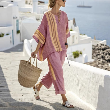 Ensemble Été  Catherine – T-Shirt Batwing à Rayures & Pantalon Droit