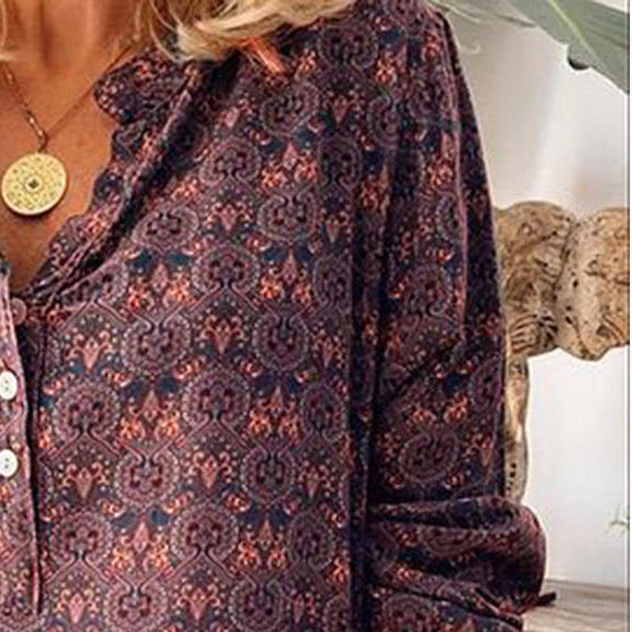 Blouse Ample à Col Montant à Imprimé Rétro Feroval