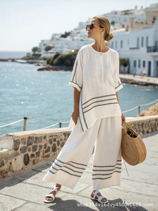 Ensemble Été  Catherine – T-Shirt Batwing à Rayures & Pantalon Droit