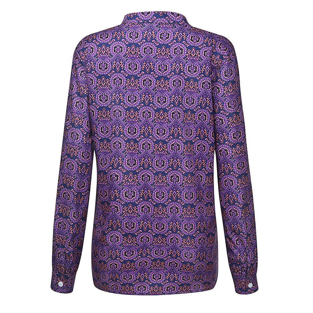 Blouse Ample à Col Montant à Imprimé Rétro Feroval