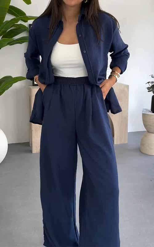 Ensemble Trois Pièces Chemise Longue, Top & Pantalon Large — Style Bohème Chic