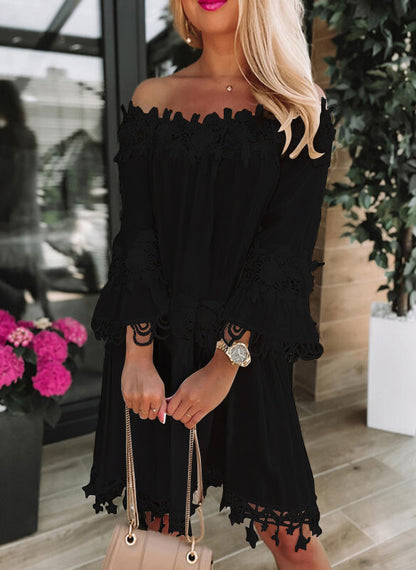 Lace Fluted Sleeve Cold Shoulder Dress