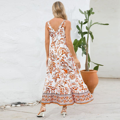 Robe d'été longue à col en V et imprimé floral