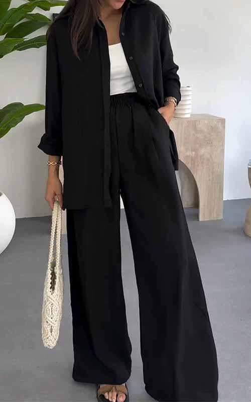 Ensemble Trois Pièces Chemise Longue, Top & Pantalon Large — Style Bohème Chic