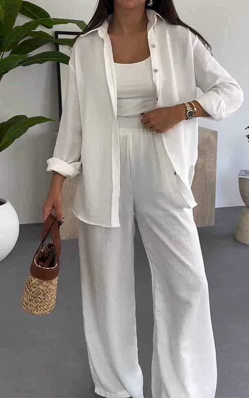 Ensemble Trois Pièces Chemise Longue, Top & Pantalon Large — Style Bohème Chic