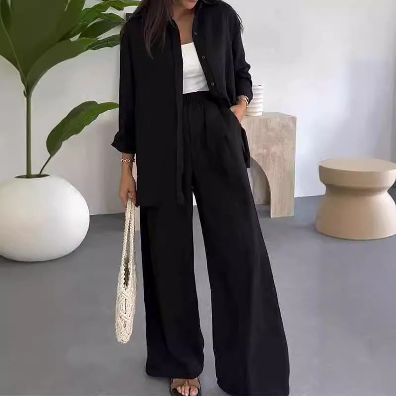Ensemble Trois Pièces Chemise Longue, Top & Pantalon Large — Style Bohème Chic
