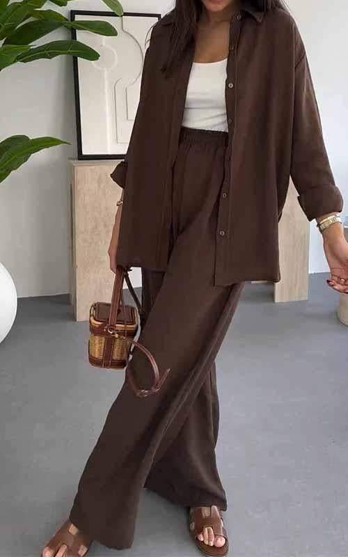 Ensemble Trois Pièces Chemise Longue, Top & Pantalon Large — Style Bohème Chic