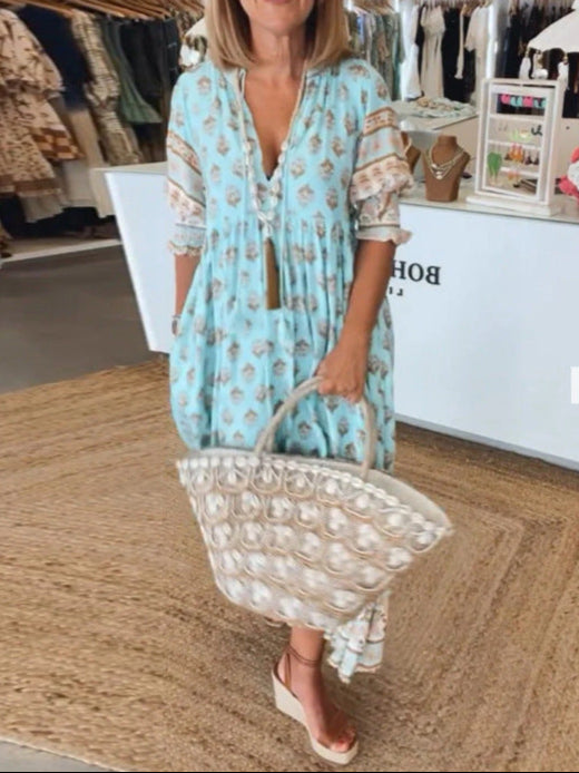 Robe Bohème Imprimée à Manches Lanterne – Col en V