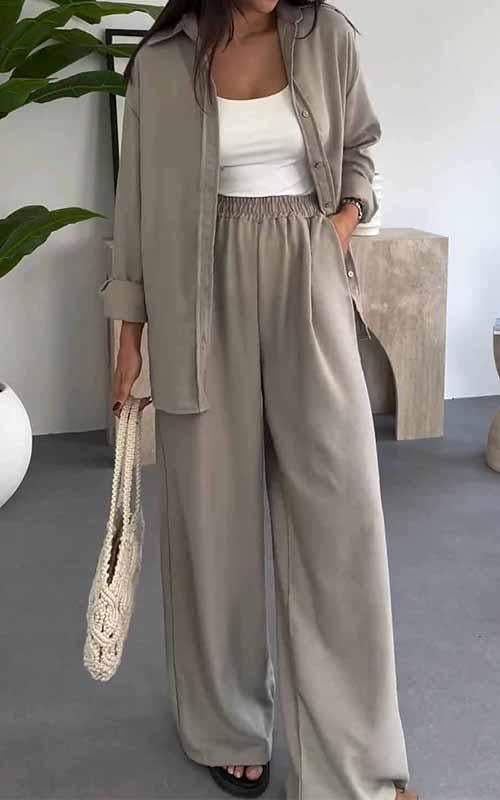 Ensemble Trois Pièces Chemise Longue, Top & Pantalon Large — Style Bohème Chic
