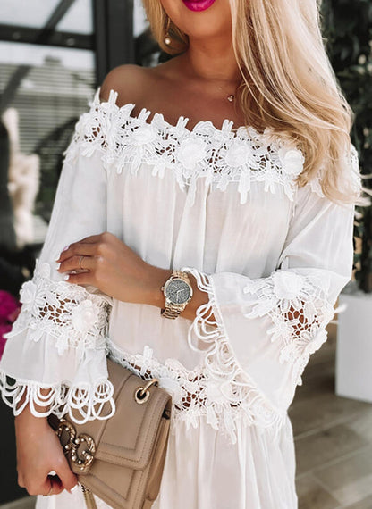 Lace Fluted Sleeve Cold Shoulder Dress
