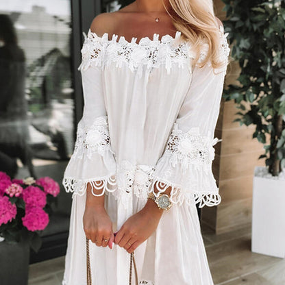 Lace Fluted Sleeve Cold Shoulder Dress